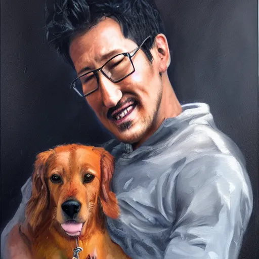 Image similar to Oil painting of weeping Markiplier holding his deceased dog in his arms, Greg Rutkowski, Tragic