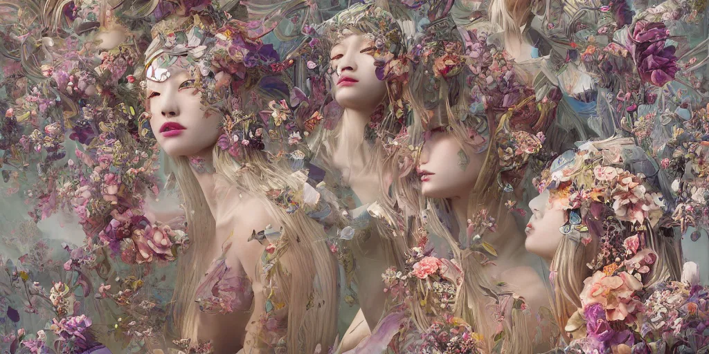 Image similar to breathtaking detailed concept art painting kaleidoscope art deco pattern of blonde faces goddesses amalmation flowers, by hsiao - ron cheng, bizarre compositions, exquisite detail, extremely moody lighting, 8 k