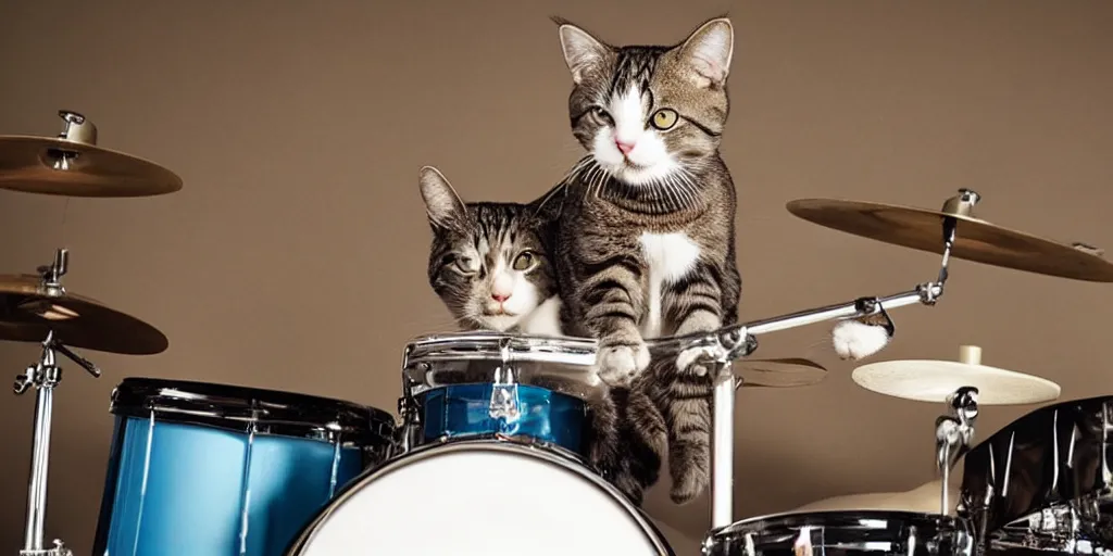 Image similar to a photo of a cat playing drums ironically and funny