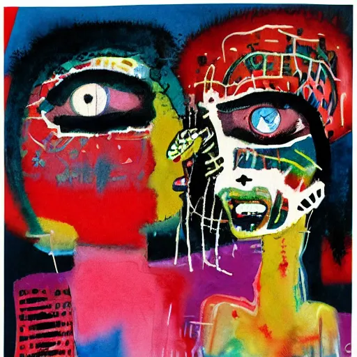 Image similar to watercolor painting of two bizarre psychedelic women kissing in japan in winter, speculative evolution, mixed media collage by basquiat and jackson pollock, maximalist magazine collage art, sapphic art, psychedelic illustration