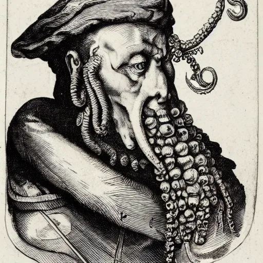 Image similar to A colonial soldier with an octopus head in the style of Albrecht Dürer, engraving, ink, black and white, 17th century