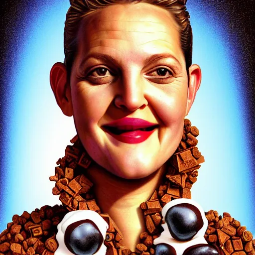 Prompt: drew barrymore in a smore, chocolate, marshmallow graham cracker, bionix scifi alexandre ferra, digital painting by arcimboldo