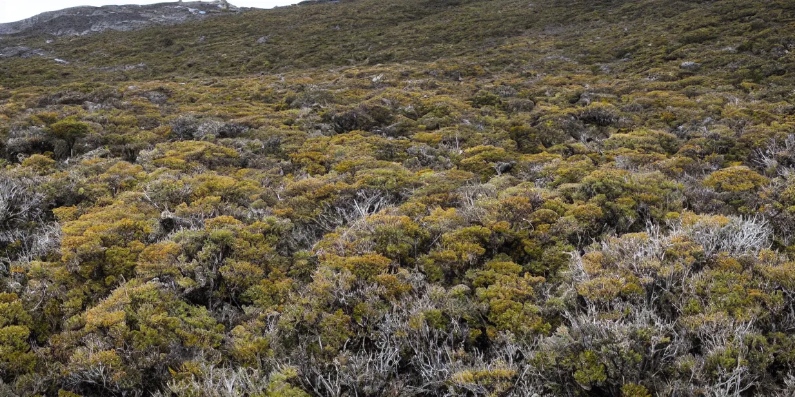 Prompt: Ground view of Rocky clearing in the Patagonian temperate forests. Magellanic, mountainous area. Rare flora, Nothofagus, a few twisted and bent trees. windy environment, shrubs, rocky and poorly drained. Crowberries. Overcast, cloudy. September 12th. Patagonian Chile and Argentina. Trending on Artstation, deviantart, worth1000. By Greg Rutkowski. National Geographic and iNaturalist HD photographs