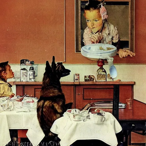 Prompt: the milkshake fell down in grandmas dining room, a german sheperd looks on, the style of norman rockwell