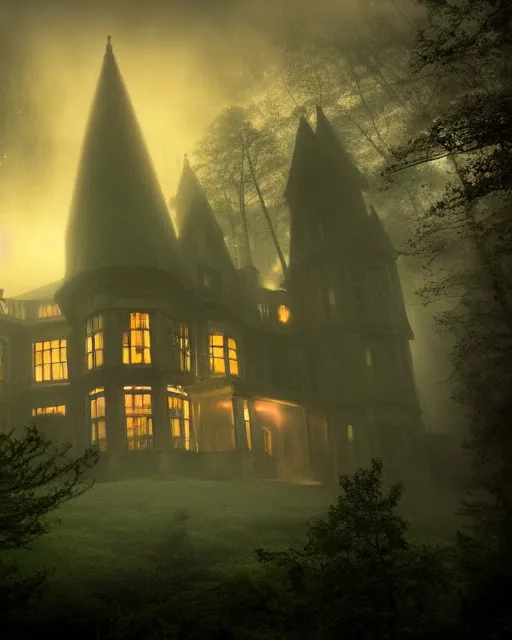 Prompt: a wide angle low photo of a colossal haunted victorian mansion on the edge of a cliff above a misty forest at night, saturated color, volumetric light, epic proportions, ectoplasm, mystical, occult, alchemy, ultra detailed, 8 k