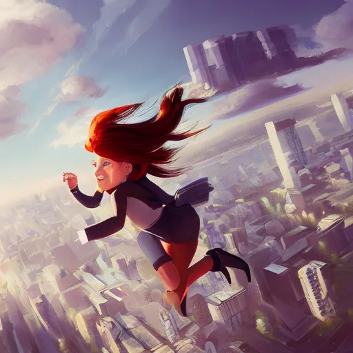 Image similar to spuergirl flying, cityscape, cloud day, artstation, 8 k