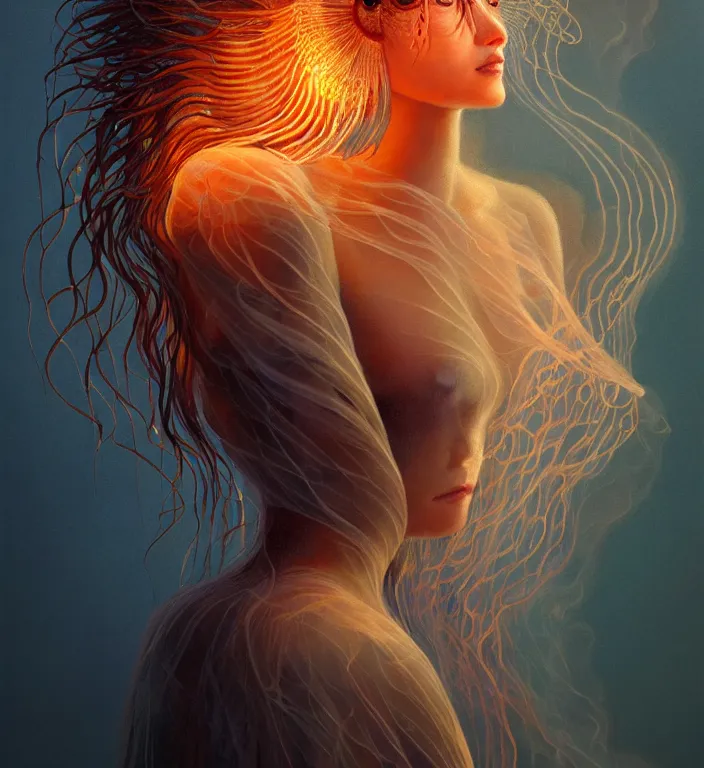 Image similar to portrait of a goddess of death with (reaction diffusion) scaled fish skin Bioluminescent phoenix jellyfish, burning phoenix halo, Her breath shot a haze of steam out into the frosty morning air concept, soft light, soft mood, realistic body features and face, illustration,intricate ornament halo, painting oil on canvas by Elena Zhurikhina and Goro Fujita and Charlie Bowater, octane render trending on artstation, 4k, 8k, HD