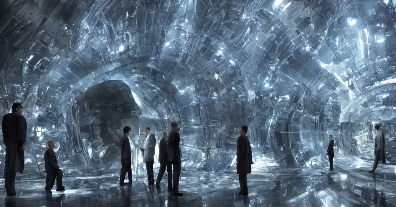 Prompt: realistic imagination from scifi movie with portrait of old scientists standing in front glass refractive statue of big tesseract, difraction of light, full of reflections, volumetric light, dramatic atmosphere, cinematic composition, satisfied pose, deep depth, defocus, rendered in vray, raytracing, raymarching