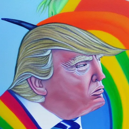 Image similar to a realistic painting of donald trump riding a rainbow unicorn