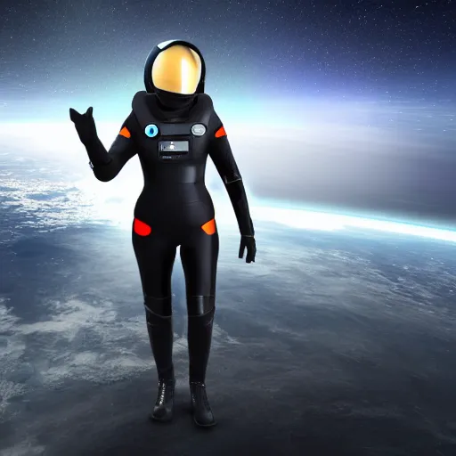 Image similar to full body portrait of a woman in a sleek space suit, futuristic helmet, science fiction, 8k