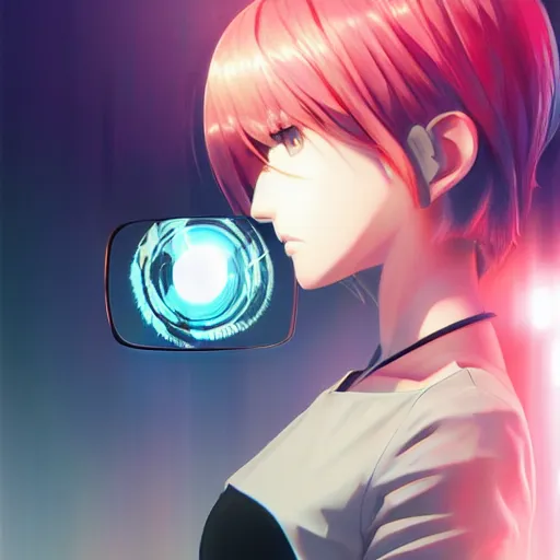 Image similar to digital anime, cyborg - girl shattered mirror broken mirror refracted mirror, reflections, wlop, ilya kuvshinov, artgerm