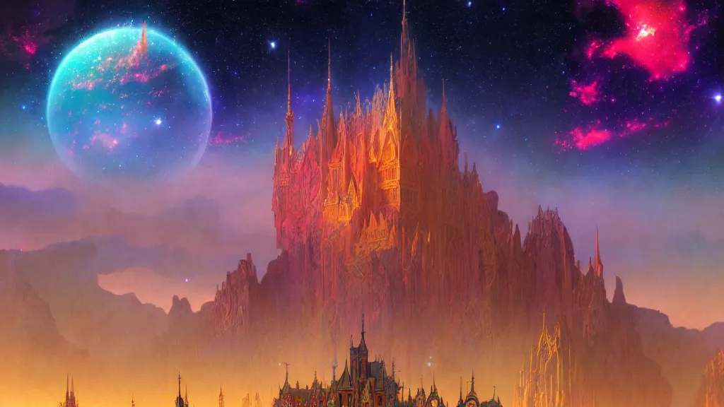 Image similar to a beautiful highly detailed matte painting of colorful castle nebulas by moebius, alphonse mucha, stars in the background, highly detailed, intricate design, cinematic view, 8 k resolution, octane render, trending on artstation and cgsociety