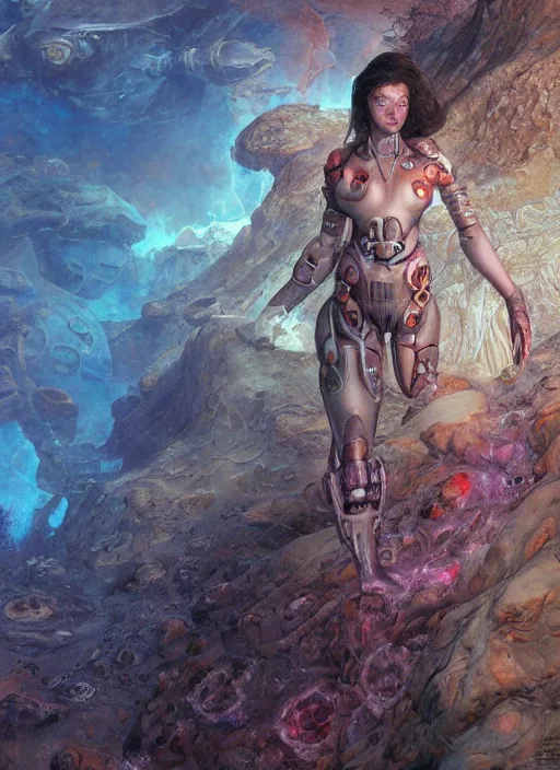 Image similar to biblical cyborg girl, glowing veins subsurface scattering, deep sea of planet jupiter, underwater photography, by gerald brom, by mikhail vrubel, by peter elson, muted colors, extreme detail, trending on artstation, 8 k