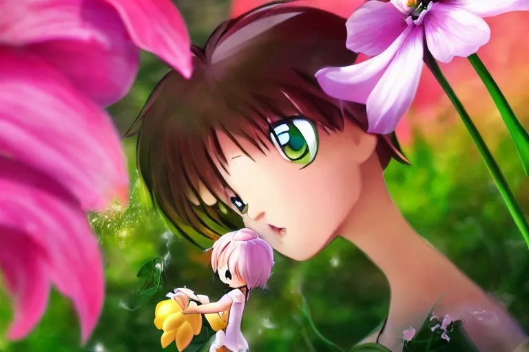 Prompt: (very small anime Tinker Bell) kissing a big flower, hyper realism, macro shot