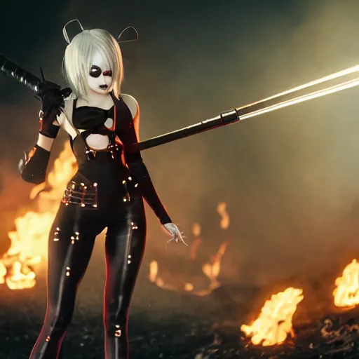 Prompt: photo of Harley Quinn as 2B nier automata, fire in background, bokeh, medium full shot, highly detailed skin and detailed face, flares, multicolor smoke