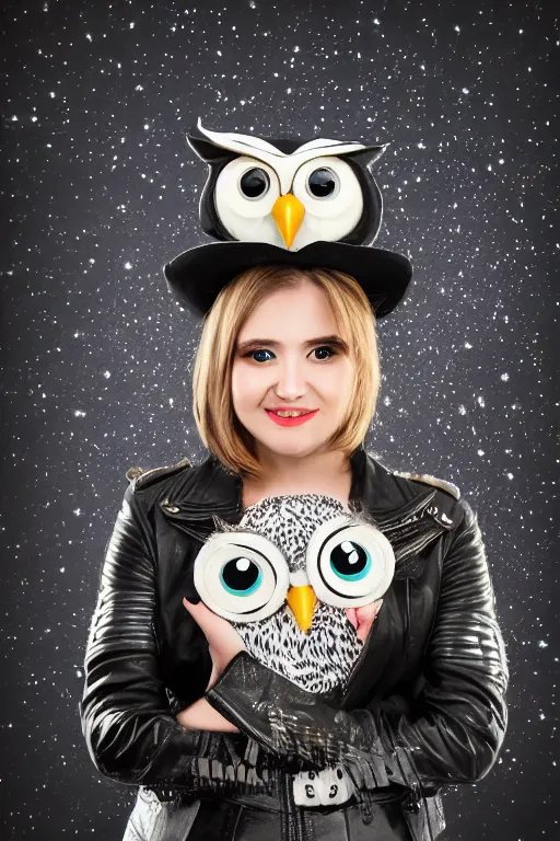 Prompt: cute owl wearing black biker jacket, portrait photo, backlit, studio photo, background colorful, tophat, starry background