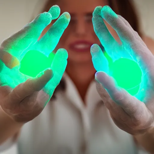 Prompt: photography of a casual woman holding radioactive rocks in her hands, hyper realistic, hyper detailed, bokeh