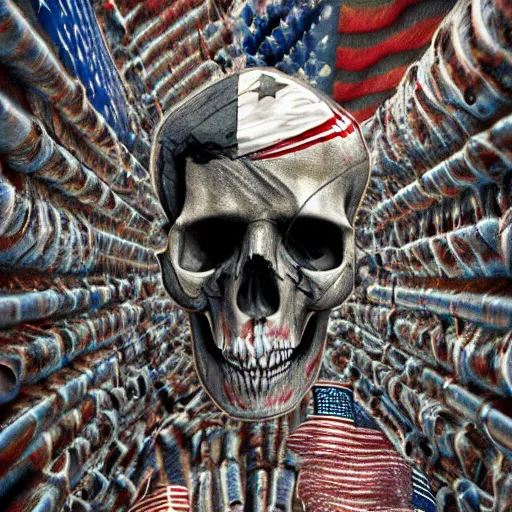 Image similar to military bullets skulls weapons american flag smoke scariest horror nightmare by pushead junji ito and horiyoshi iii, digital art, deepdream cosmic, 3 d high definition, trending on artstation, photorealistic, 8 k, octane, hyper detailed, trending on deviantart elegant trend, highly detailed unreal engine