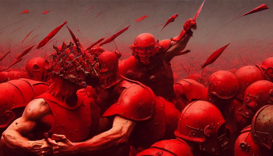 Image similar to only with red, bloody armored gladiator battle in a crowded roman amphitheatre, crowd cheering, in the style of beksinski and edward hopper and rodcenko and yue minjun and greg rutkowski, intricate and epic composition, red by caravaggio, highly detailed, masterpiece, red light, artstation, art nouveau