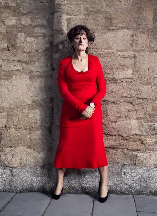 Image similar to portrait of beautiful 40-years-old Italian woman, wearing a red outfit, well-groomed model, candid street portrait in the style of Martin Schoeller award winning, Sony a7R