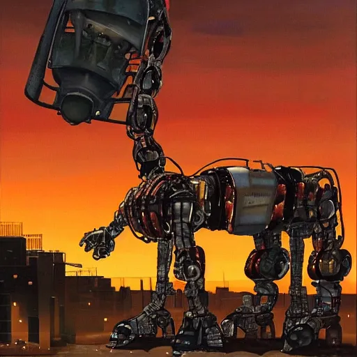 Prompt: a fullmetal wired robot is reading the forbidden intimate diary of sophia aeon, the background is the purple sunset over the gasometer in santiago of chile, oil on canvas by dave mckean and yoji shinkawa