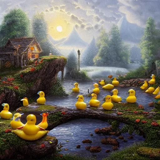 Image similar to a fantasy world of rubber ducks, landscape painting, highly detailed