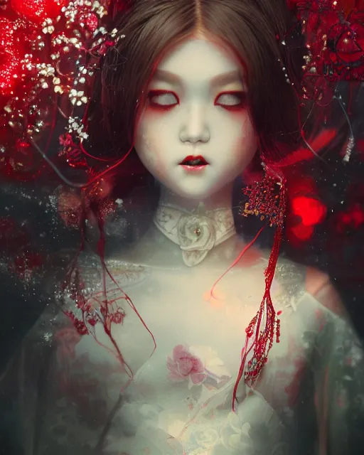 Image similar to detailed photo of pearl japanese doll, beautiful clothes, innocent, elegant red dress, 8 k, by tristan eaton, stanley artgermm, tom bagshaw, greg rutkowski, carne griffiths, trending on deviantart, hyper detailed, glorious lighting, epic environment