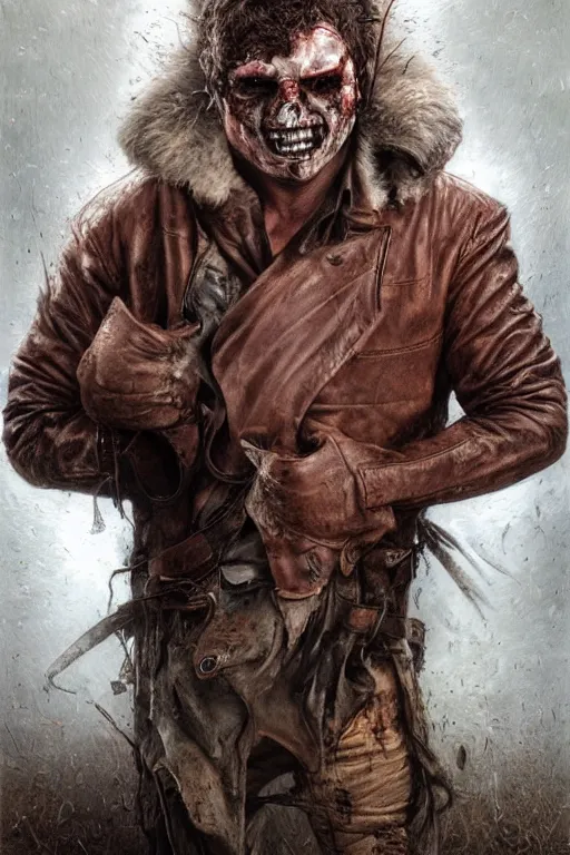 Image similar to a man with a black eye and bloody face wearing a brown leather jacket with a white fur collar. art by tomasz alen kopera and glenn fabry.