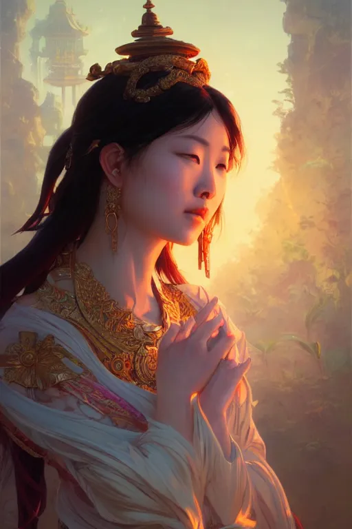 Prompt: asian goddess, highly detailed, digital painting, artstation, concept art, smooth, sharp focus, illustration, Unreal Engine 5, 8K, art by Ross Tran and greg rutkowski and alphonse Mucha