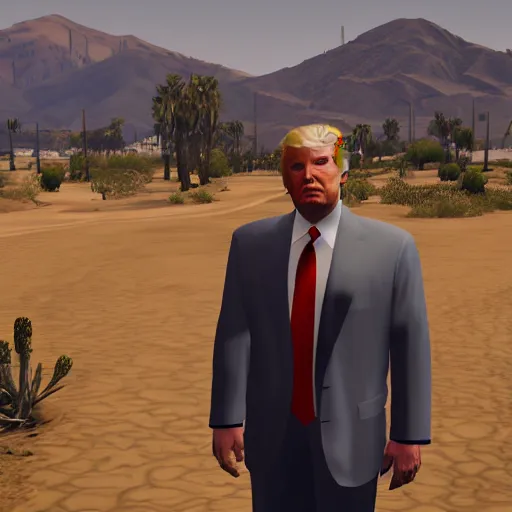 Image similar to Grand Theft Auto V loading screen: Donald Trump wearing a dress in the desert, very detailed, very intricate, elegant,