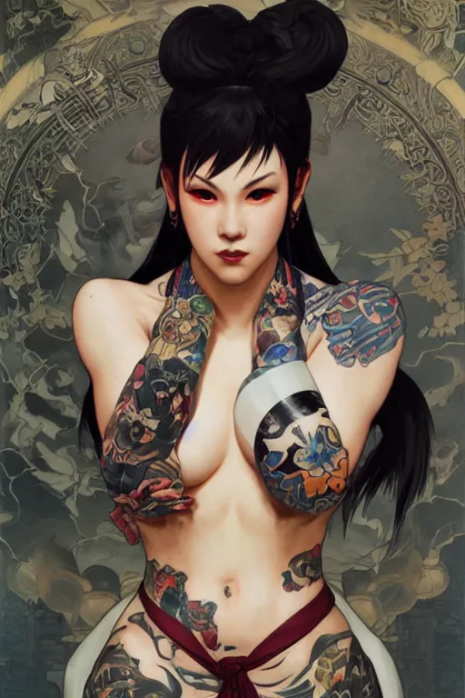 Prompt: portrait of goth Chun Li with yakuza tattoos, Street fighter, highly detailed, digital art from artstation by Ruan Jia and Mandy Jurgens, Alphonse Mucha and Artgerm and william-adolphe bouguereau