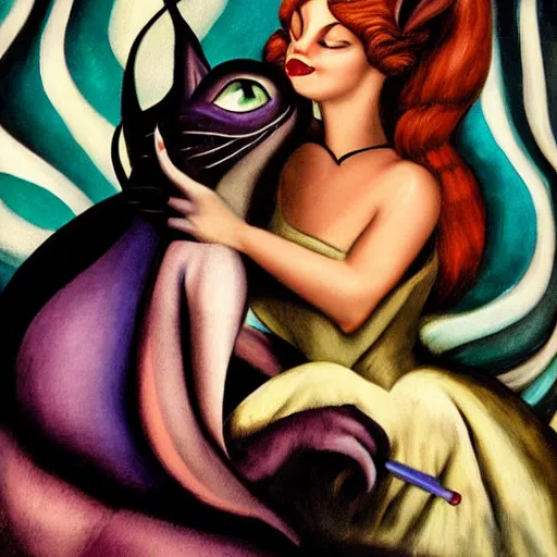 Prompt: Alice in Wonderland cuddling the cheshire cat by Tamara de Lempicka and Elisabeth Sonrel, dramatic lighting lighting