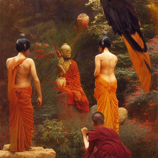 Image similar to crow worshipping buddhist monks, painting by gaston bussiere, craig mullins, j. c. leyendecker, lights, art by ernst haeckel, john william godward, hammershøi,,