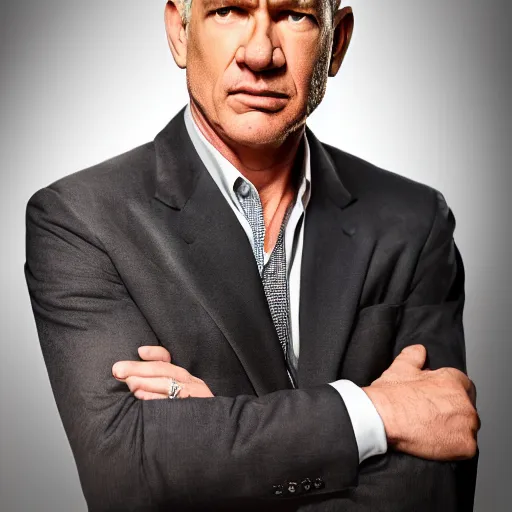 Image similar to the face of a succesful man who looks like a mix of Harrison Ford, Tom Hanks, Tom Cruise and Ryan Reynolds. highly detailed uncropped full-color epic corporate portrait photograph. best corporate photoraphy photo winner, meticulous detail, hyperrealistic, centered uncropped symmetrical beautiful masculine facial features, atmospheric, photorealistic texture, canon 5D mark III photo, professional studio lighting, aesthetic, very inspirational, motivational