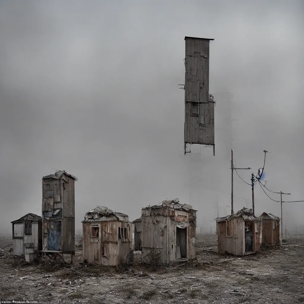 Image similar to two towers, made up of makeshift squatter shacks with faded colours, apocalyptic sky, uneven fog, dystopia, mamiya rb 6 7, fully frontal view, ultra sharp, very detailed, photographed by julie blackmon