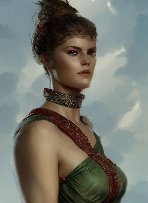 Image similar to a portrait of a woman that is a personification of italian flag, mediterranean, intricate, highly detailed, digital painting, artstation, concept art, smooth, sharp focus, illustration, art by greg rutkowski, matte painting