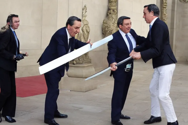 Image similar to sword fight between Mario Draghi and Masha and the Bear