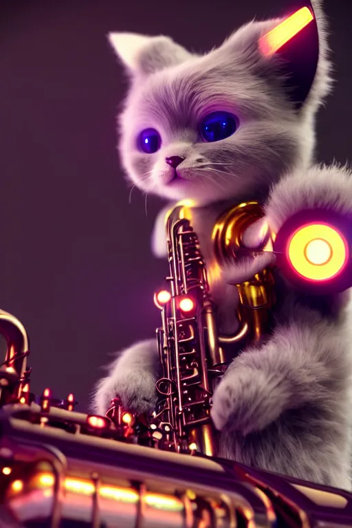 Image similar to high quality 3 d render very cute fluffy cyborg! cat plays saxophone, cyberpunk highly detailed, unreal engine cinematic smooth, in the style of blade runner & detective pikachu, hannah yata charlie immer, moody light, low angle, uhd 8 k, sharp focus