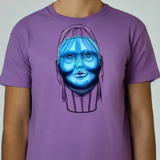 Image similar to a lilac coloured t-shirt with a cartoony face, product design