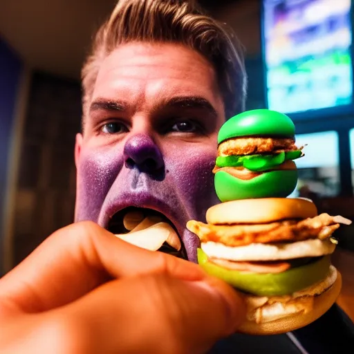 Image similar to Thanos eating a Big Mac, close up, f/22, 35mm, backlit