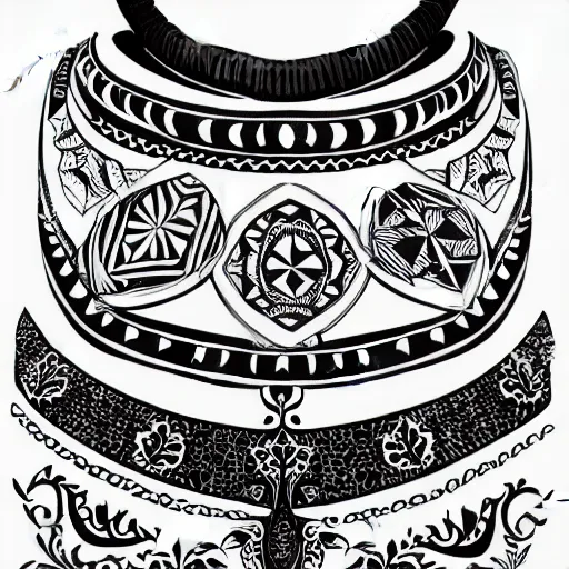 Prompt: black and white illustration collar tattoo neckpiece creative design on paper ornate bold lines tribal