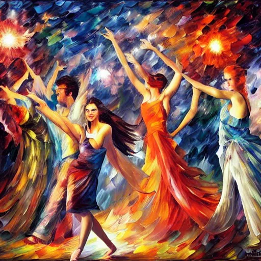 Prompt: rave dance party by arthur adamas, charlie bowater, leonid afremov, chiho ashima, karol bak, david bates, tom chambers