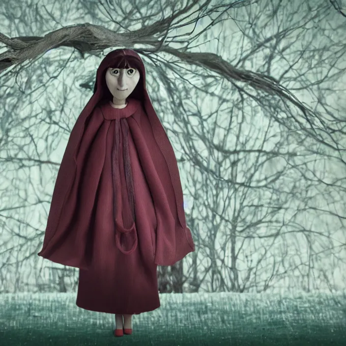 Image similar to a closeup portrait of a sad woman wearing a cloak made of ribbons, standing next to an empty swing playground, stop motion animation, claymation, anomalisa