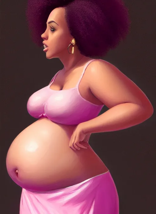 Image similar to full body portrait, teenage vanessa morgan, pink hair, dark skin, obese, curly pixie hair, sultry, realistic, short hair, hoop earrings, skirt, shirt, fat, belly, intricate, elegant, highly detailed, digital painting, artstation, concept art, smooth, sharp focus, illustration, art by wlop, mars ravelo and greg rutkowski