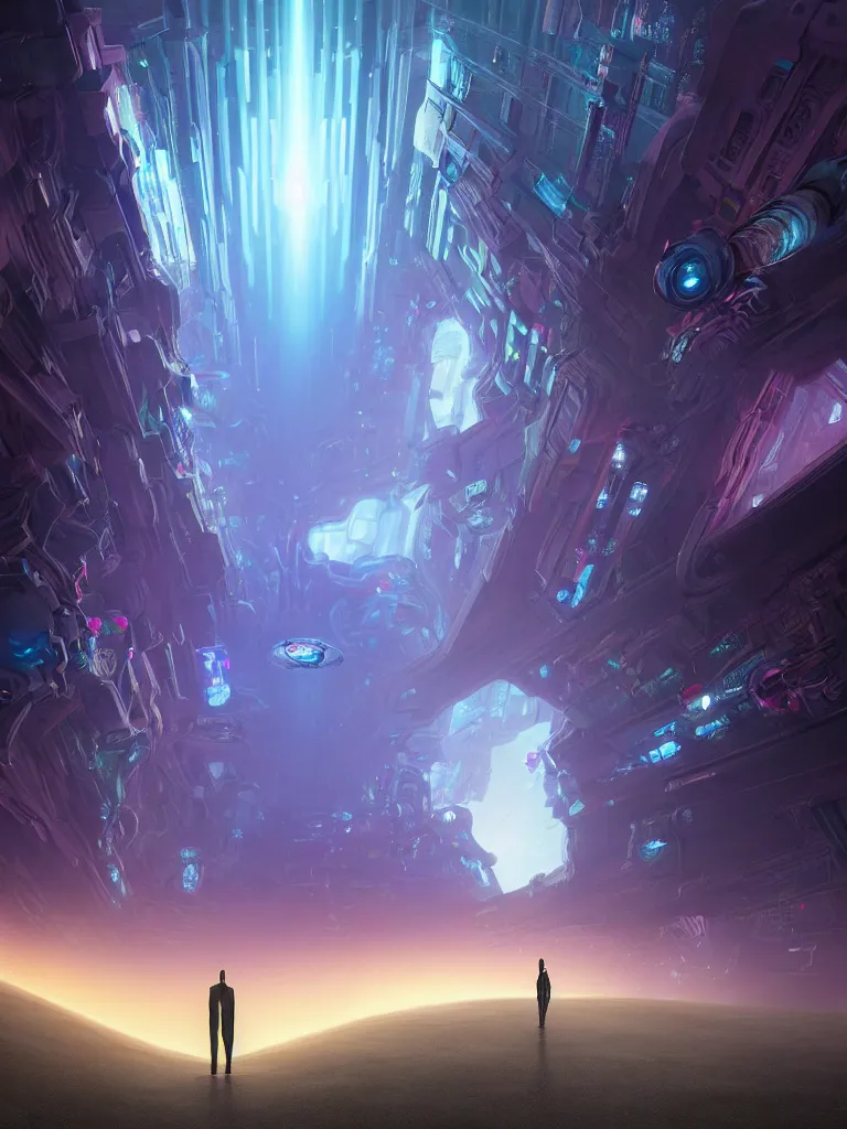 Image similar to entrance to ethereal realm, humans and robots, rendered in unreal engine, central composition, symmetrical composition, dreamy colorful cyberpunk colors, 6 point perspective, fantasy landscape with anthropomorphic!!! terrain!!! in the styles of igor morski, jim warren, and rob gonsalves, intricate, hyperrealistic, volumetric lighting, big sky, distinct horizon