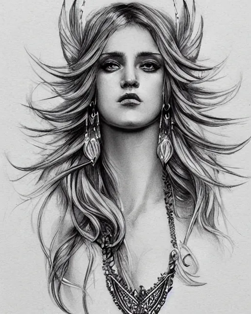 Image similar to tattoo sketch of beautiful greek goddess aphrodite with arrowhead earrings, beautiful feather jewelry, beautiful piercing eyes, flowing blonde hair, realistic face, hyper realistic, in the style of greg rutkowski, fantasy, amazing detail, epic, elegant, smooth, sharp focus, from the front