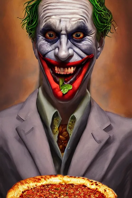 Image similar to a full body high detail fantasy portrait oil painting illustration of the joker eating baked beans and pizza by justin sweet with face and body clearly visible, in a scenic background, pretty eyes, realistic proportions, d & d, rpg, forgotten realms, artstation trending, high quality, sombre mood, artstation trending, muted colours, entire person visible!