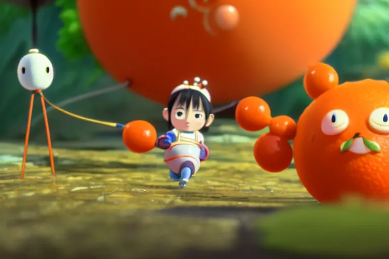 Prompt: still from studio ghibli movie'olimar the happy orange'; 8 k ; very detailed, focused, colorful, antoine pierre mongin, trending on artstation ;