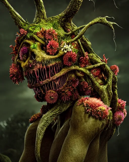 Prompt: a extremely disturbing horror photograph of a fantasy creature made out of nature and flowers and fungus, intricate, hyperrealism, sharp focus, cinematography, highly detailed, octane render, horror cgi 4 k, matte, photograph by professional photographer