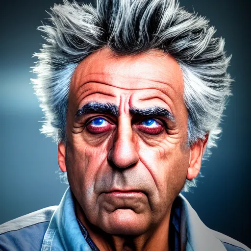 Image similar to rick sanchez closeup photograph dslr photorealistic, studio lighting, ektachrome, detailed, intricate, face detail, perfect face, fine detailes, realistic shaded, fine - face, pretty face